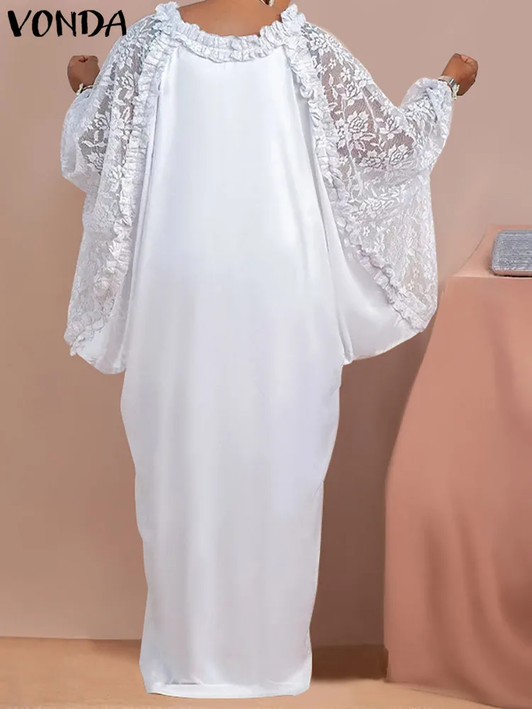 

Summer Maxi Sundress VONDA Sexy Lace Patchwork Maxi Dress 2022 Women Long Sleeve Pleated Party Dress Bohemian Long Vestidos