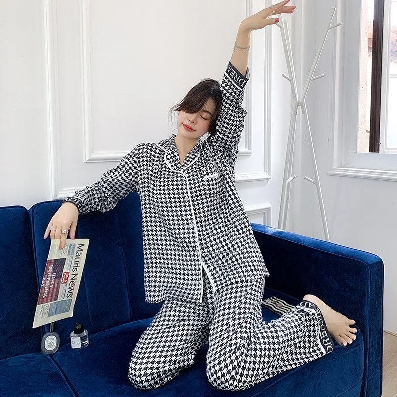 QWEEK Silk Houndstooth Women's Pajamas Satin Sleepwear Autumn Pijamas Elegant Pyjamas Luxury Loungewear Long Sleeve Female Set