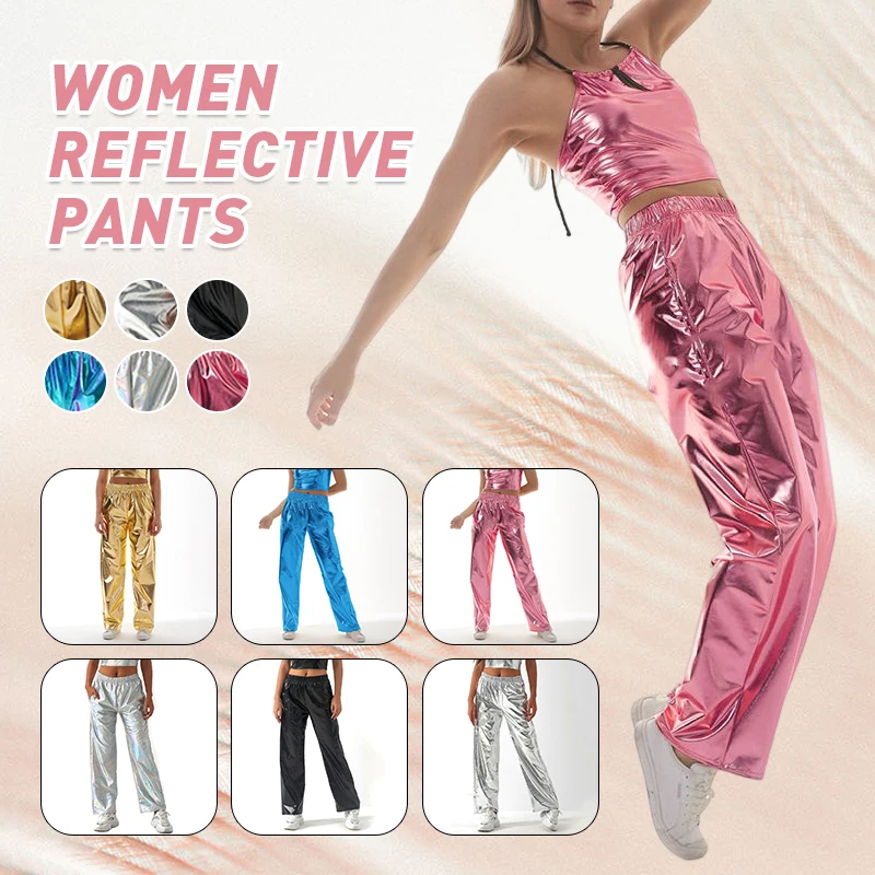 

Gold Pink Shiny Metallic Straight Leg Pants Women Casual Elastic Waist Pants Fashion Show Disco Party Holographic Laser Trousers