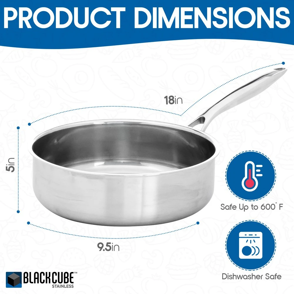 

Steel 3 QT Sauté Pan With Lid, 3 Ply Professional Grade Steel 9.5-Inch Pan, Sliver, Dishwasher Safe.