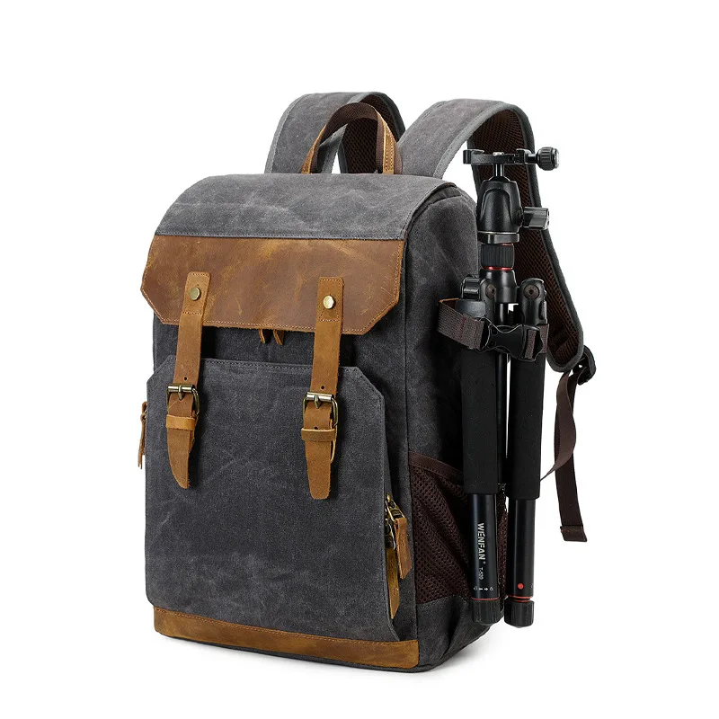 Vintage Waterproof Batik Canvas Genuine Leather Photography Backpack Multifunctional SLR Outdoor SLR Camera Bag
