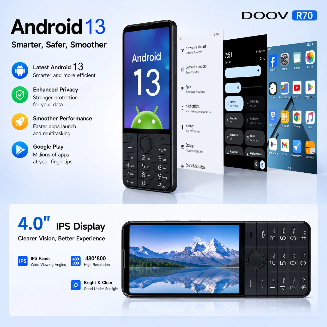Фото Смартфон DOOV R70 без камеры, с двумя SIM-картами, MT6765, сенсорный экран, 4G, Android 13, клавиатура, 4 дюйма, 6 ГБ ОЗУ, 128 ГБ ПЗУ, 2600 мАч №2