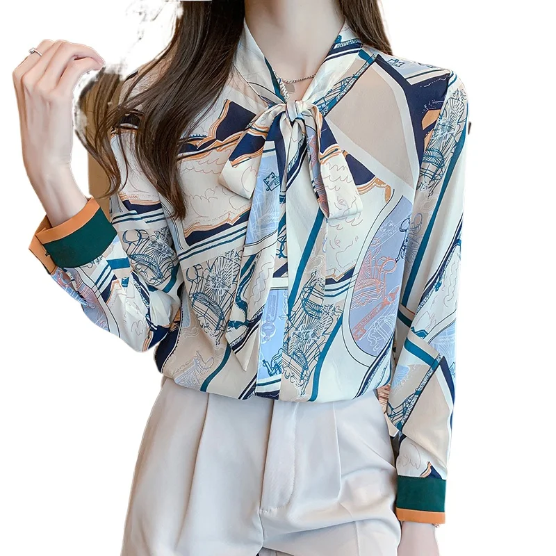 

Women's Blouse Chiffon Long Sleeve Top V-neck Shirt Printing Bow Tie Korean Fashion Casual New Lady