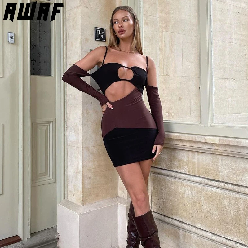 

AWAF Sexy Sling Hollow Out Stitching Color Mini Dresses for Women Long Sleeves Irregular Night Party Hip Dresses Clothes Vestido