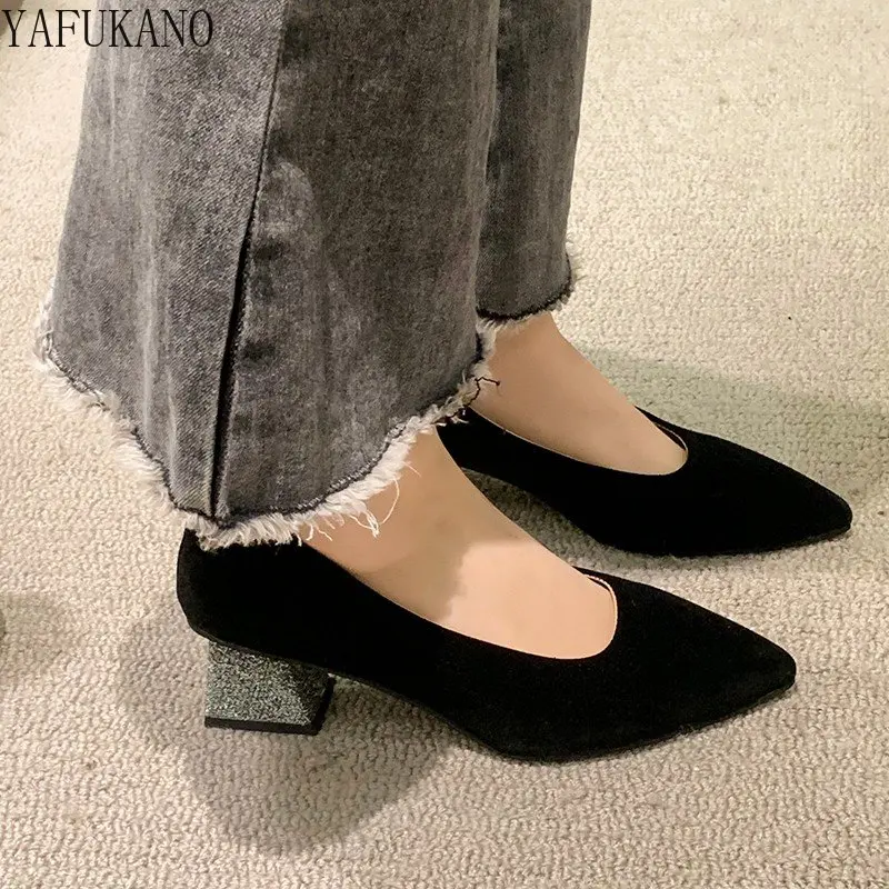 

Туфли женские замшевые с блестками, заостренный носок, высокий каблук, повседневная обувь для работы, французский стиль, ретро