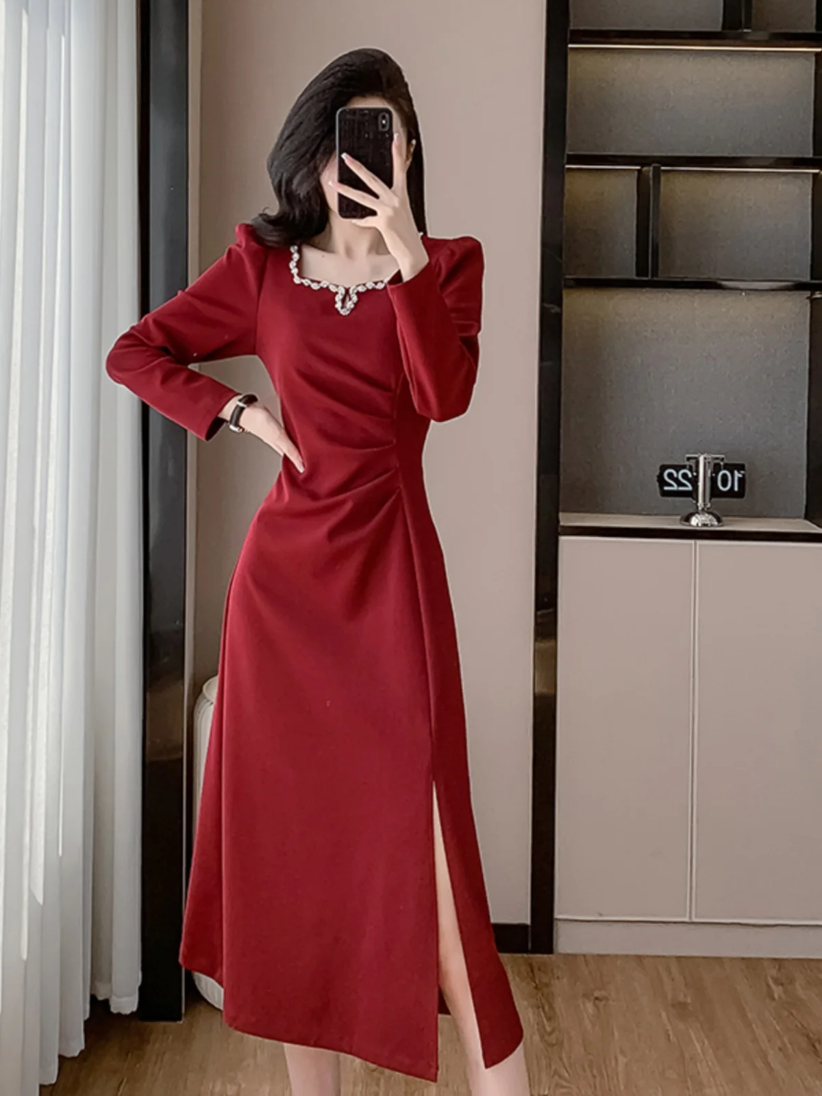With Coat Guest dresses New French sle Advanced Square Collar Autumn Dress Slimming Long sleeve Split Temperament Skirts