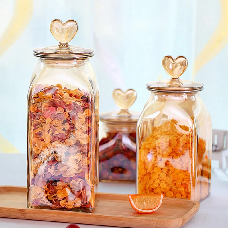 

Стеклянная герметичная банка для хранения в виде сердца в скандинавском стиле, прозрачная Янтарная многозернистая кофейная бутылка с крыш...