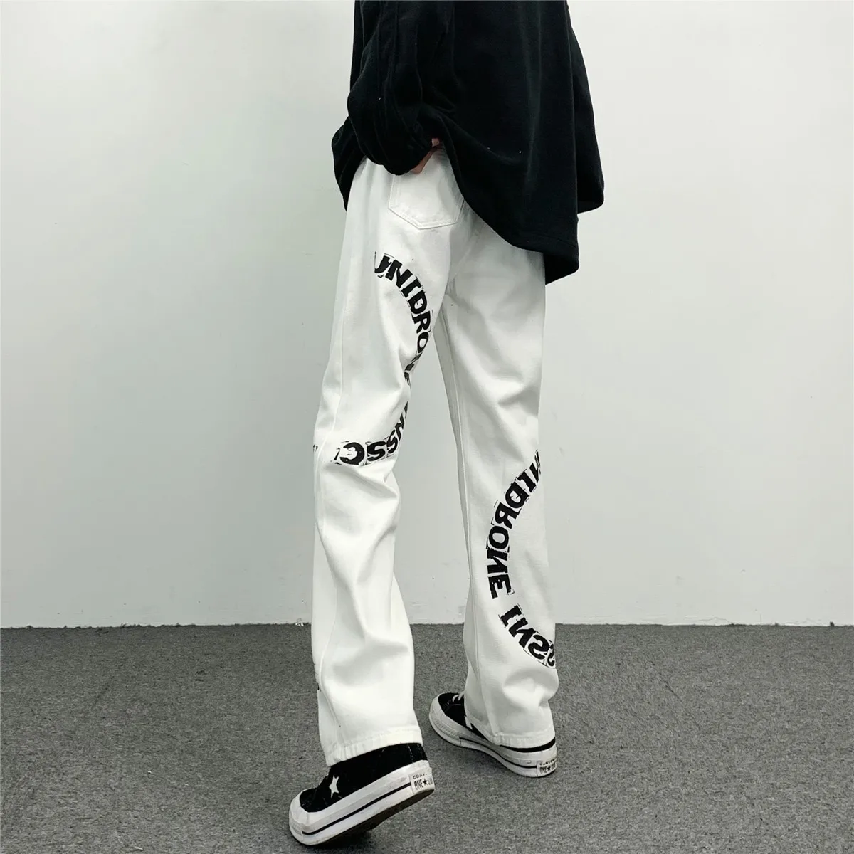 Semicircle Alphabet Print Straight Jeans Trousers Y2k Pants Wide Leg Pants Women's Pants Men Clothing Loose Korean Style Jeans