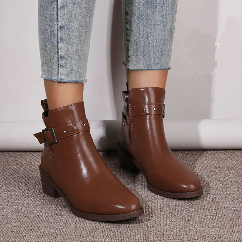 

BCEBYL новые осенние/зимние винтажные рыцарские ботинки на массивном каблуке с пряжкой модные ботинки с круглым носком женские ботильоны 2023