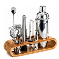 wholesale hot 350550ml700ml stainless steel bar bamboo cocktail shaker set with wooden rack
