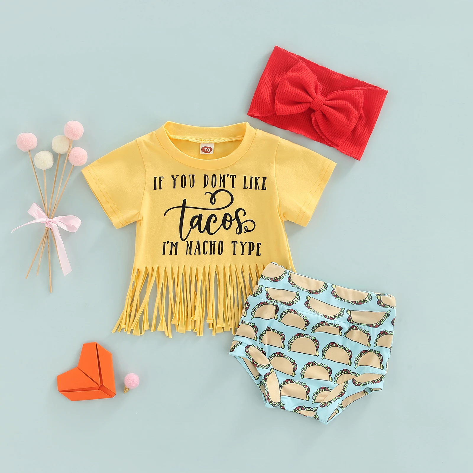 

Summer Newborn Girl Short Pants Outfits Short Sleeve Letter Printed Tassel Hem Tops + Printed Shorts + Headband Set