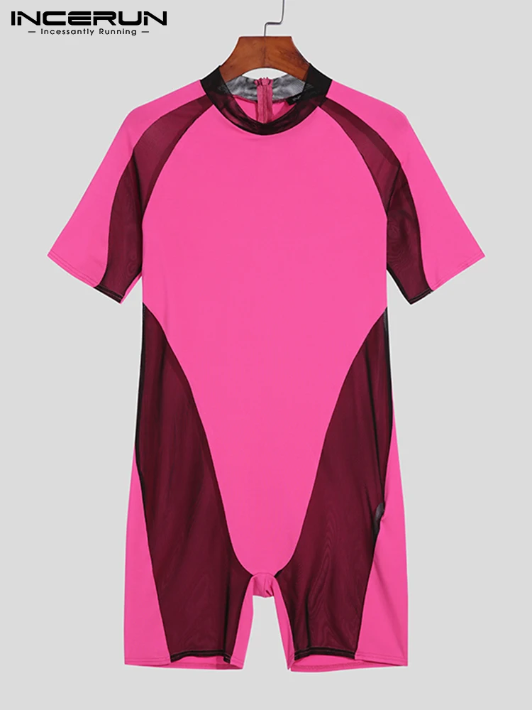 

INCERUN 2022 Comfortable Loungewear New Men's Stitching All-match Onesies Patchwork See-throuth Mesh Short Sleeve Rompers S-5XL