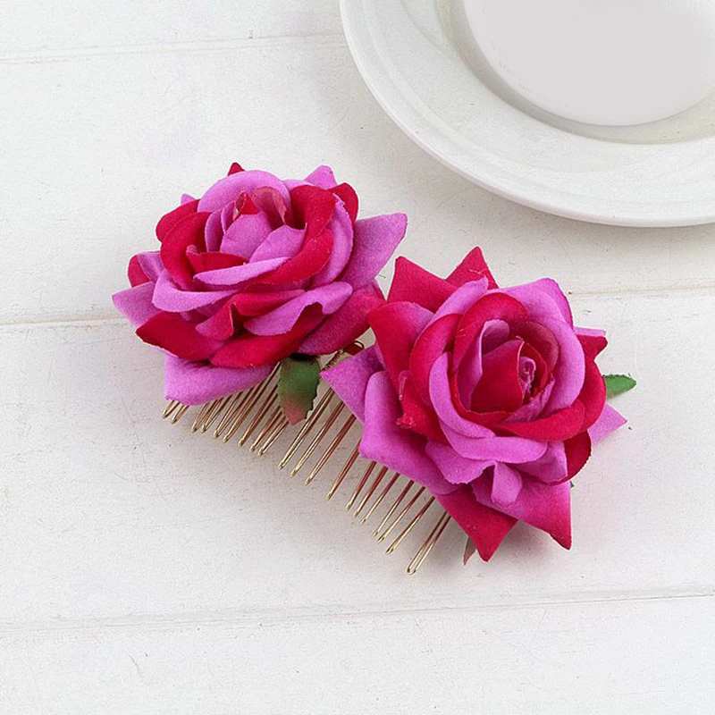 1PC Romantic Fancy Double Silk Artificial Rose Flower Hair Comb Purple White Clip Wedding Bridal Women Prom Headpiece - купить по