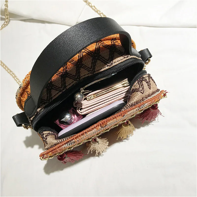 Korean Style Trendy Messenger Bag Bohemia Ethnic Fringe Round Satchel Bag Chain Women Shoulder Travel All-match Storage Handbag