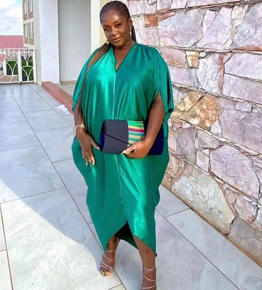 Shiny Silky Satin Loose Abaya African Dresses For Women V Neck Dolman Sleeves Maxi Muslim Dresses 2022 Spring Summer Vestidos