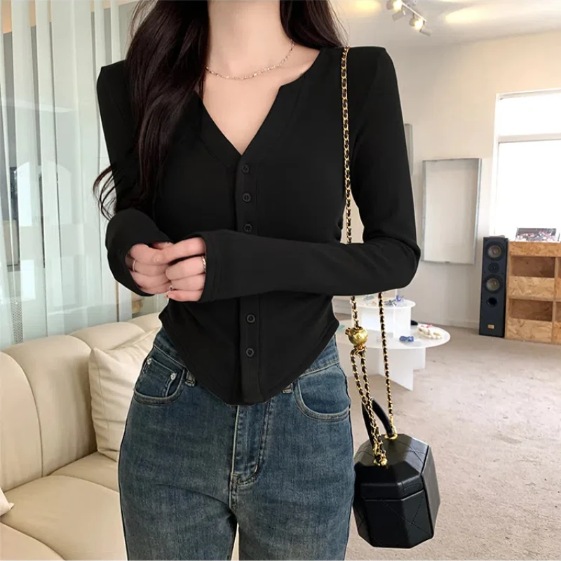 Новые сексуальные футболки с v-образным вырезом и длинными рукавами женская