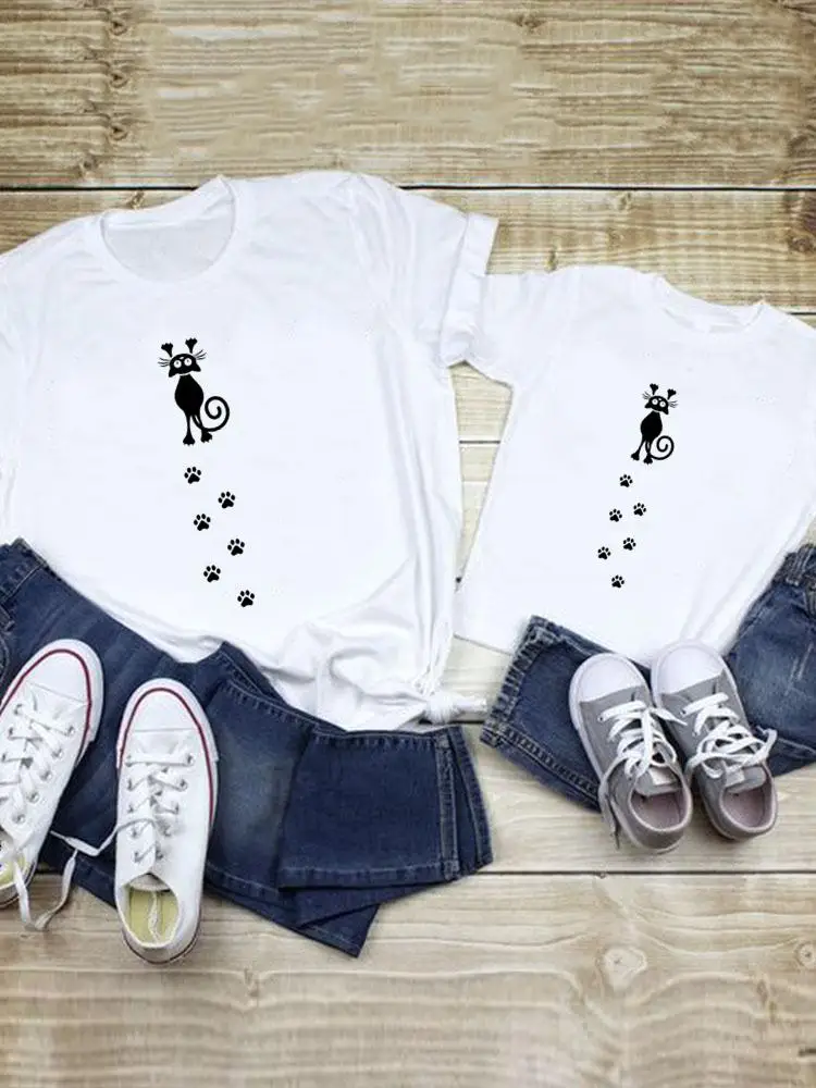 

Tee Family Matching Outfits Cat Paw Funny Cute Lovely Women Kid Child Summer Mom Mama Mother Graphic T-shirt Clothes Clothing