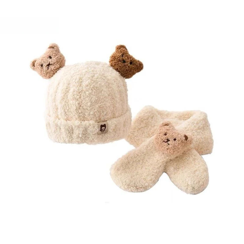 Baby Winter Bear Hat Scarf Set Cute Super Infant Children Plush Boys and Girls Warm Woolen Cap