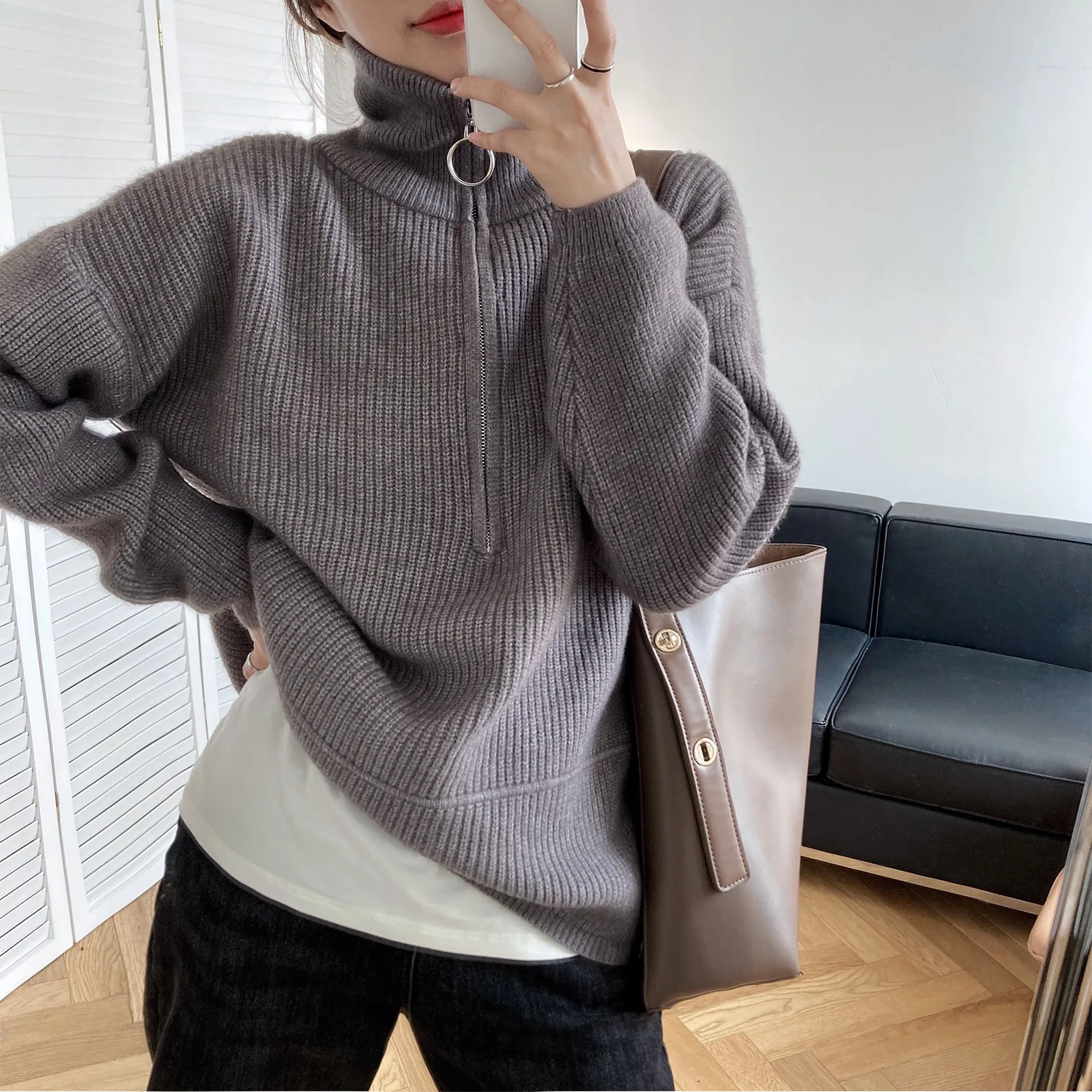 

Autumn and winter zipper lapel loose thick knit sweater women cashmere soft fashion solid color warm oversized pullover women