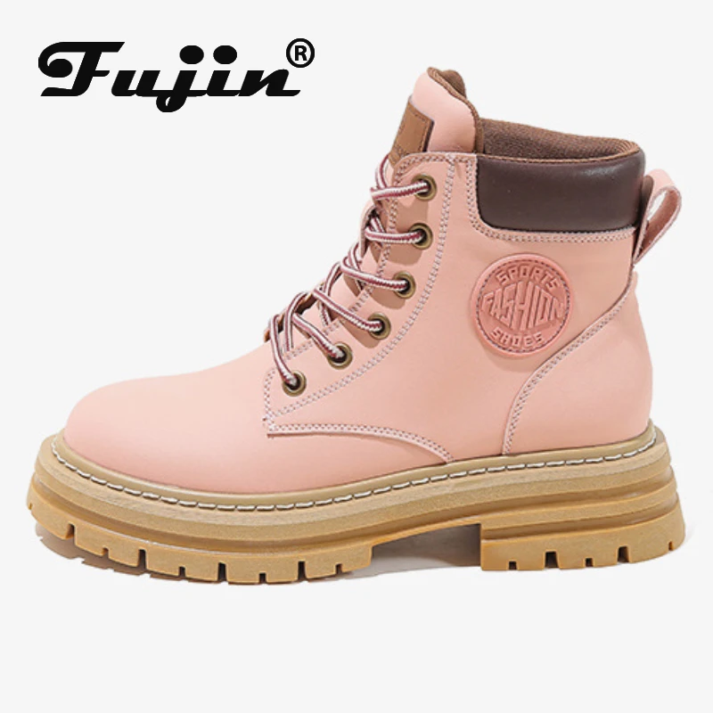 

Fujin 7cm 2022 Genuine Lesther Autumn Winter Motorcy Mid Calf Boots Lace Up Hidden Heel Non Slip Classic Multicolor Comfy Shoes