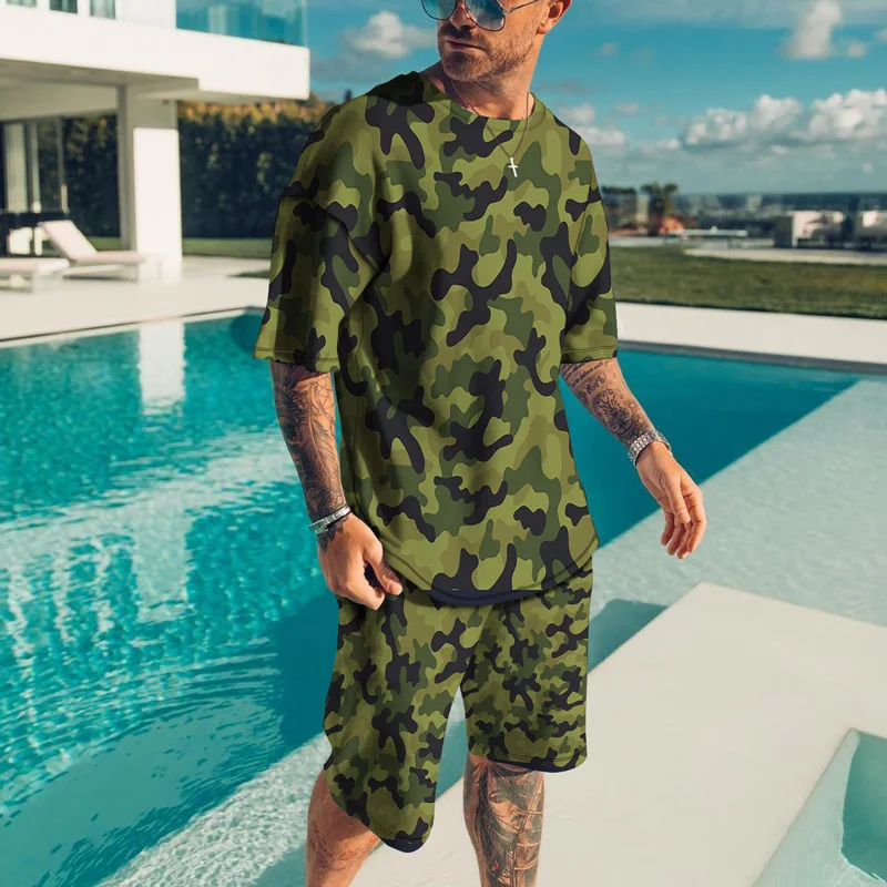 Camouflage T Shirt Summer Man Sets Oversized Outdoor Casual Sports Shorts Suits 3D Print Clothing Mens Tracksuit 2 Piece Outfits