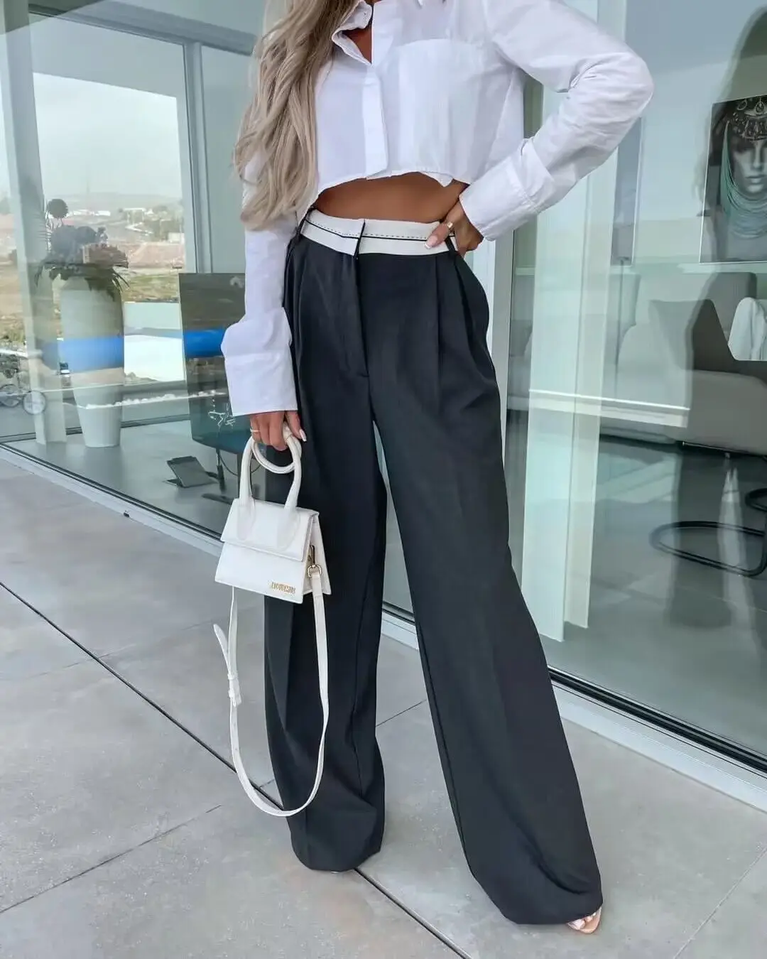 

YENKYE 2023 Women Fashion Side Pockets Patchwork Straight Pants Vintage High Waist Zipper Fly Female Casual Trousers Mujer