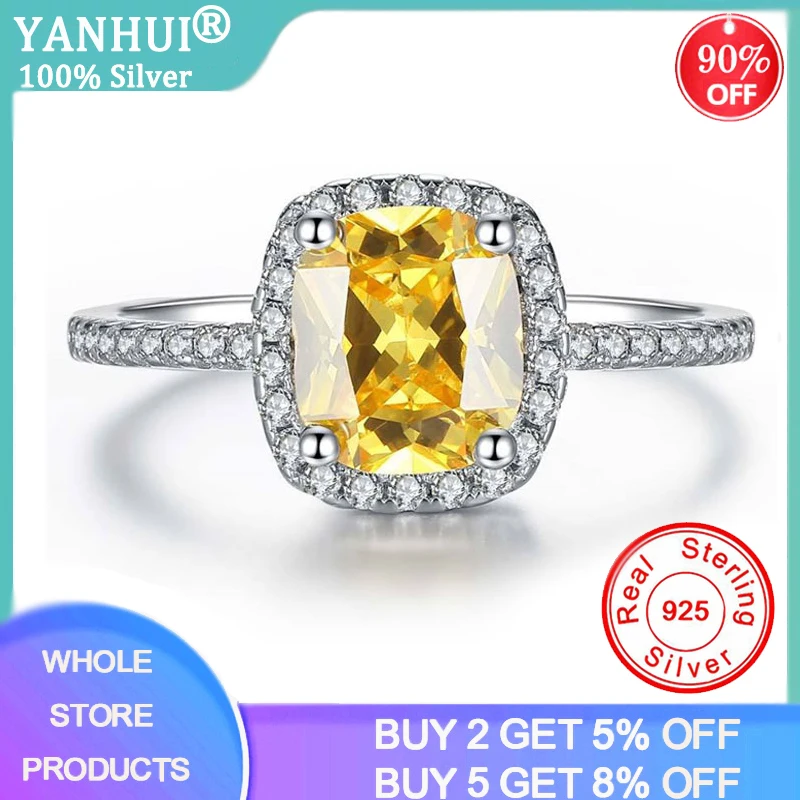 

YANHUI Luxury 3ct Topaz Ring Tibetan Silver S925 Jewelry Wedding Ring Rectangle Yellow Cubiz Zirconia Rings for Women Gift Ring
