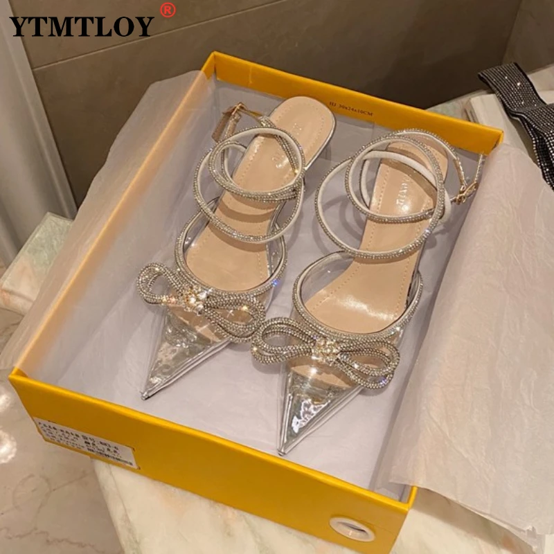 

Spring/Autumn 2022 Women's Shoes Fashion Butterfly-Knot Narrow Band Bling Patchwork Cross-Tied Crystal Pointed Toe Pumps sandals