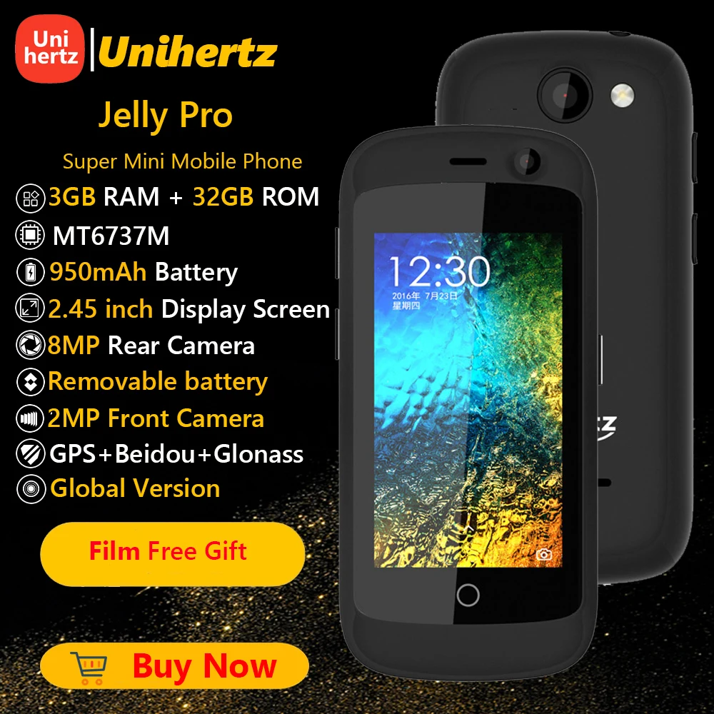 Unihertz Jelly Pro Super Mini 4G Smartphone Quad Core 3GB 32GB Android 8.1 Unlocked Mobile Phone 2MP 8MP Camera 950mAh Cellphone