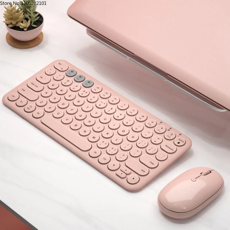 

Wireless Bluetooth Keyboard Mouse Fashion Cute Round Buttons Pink Keyboard and Mouse Set Multifunctional Home Office Chargeable