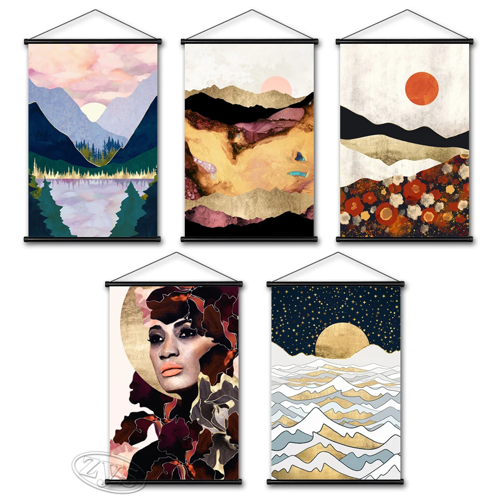 

HD Pint Woman Posters Canvas Landscape Wall Artwork Mountain Painting Lake Hanging Scrolls Modular Picture Home Room Decoration