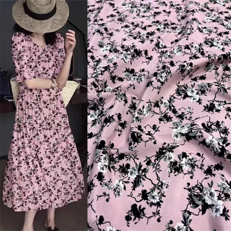 

Fresh Floral Elastic Crepe De Chine Silk Fabric Temperament Dress Clothing High-end Luxury Mulberry Silk Fabric Sewing Costura