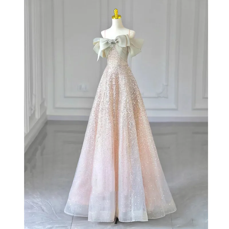 Pink Fairy Sparkly Sequins Long Wedding Gowns Robe De Soiree Women Sexy Spaghetti Strap Ball Gown Vestidos De Noite
