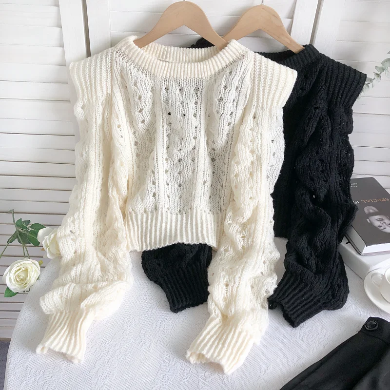 

Hollow Out Thin Puff Sleeve Shoulder Pad Sweater 2022 Autumn Winter New Korean O Neck Twist Short Pullover Sweater Women Jumper