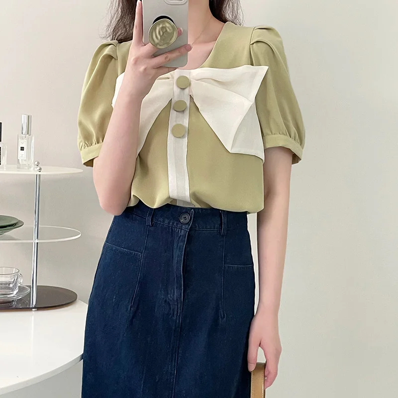 

Square Neck Bow Chiffon Short Sleeve Shirt Green White Black Summer Kawaii Design Women Blouse Top