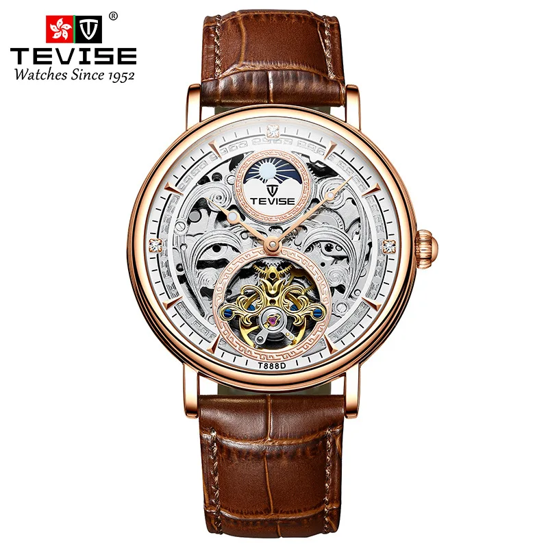 

TEVISE Rose Gold Watch Man Automatic Mechanical Watches Moon Phase Luminous Leather Waterproof Male Clock T888D Dropshipping