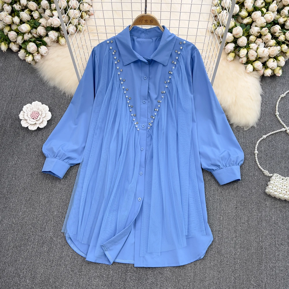 

SuperAen 2022 Spring Fashion Beaded Lantern Sleeve Long Solid Shirt Loose Turn-down Collar Straight Dresses for Women
