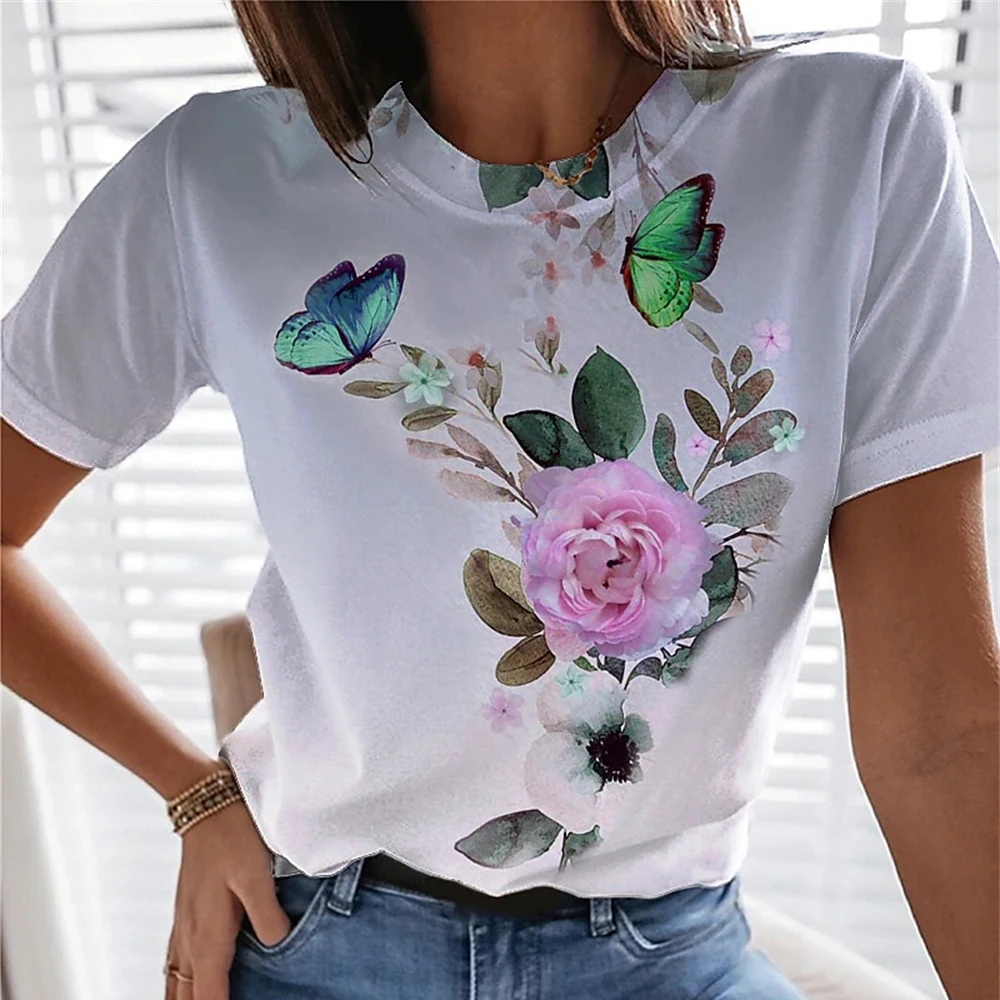 

2023 New Women's Rose Flower Pattern Printing Top Fashion Summer Short-sleeved Fashion Casual Plus Size 3D Rose Printing T-shirt