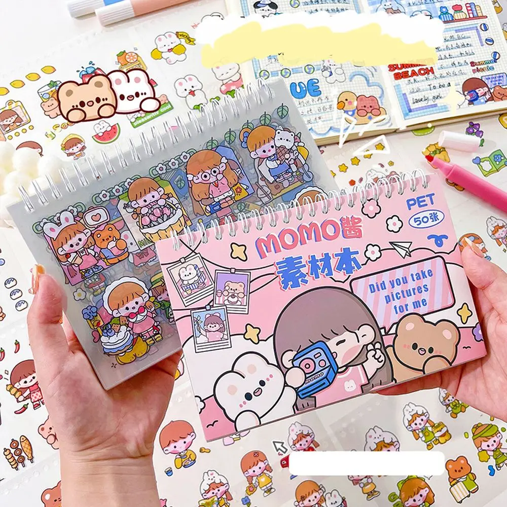 

50 Sheets Kawaii Decorative Stickers Creative PET Sticker Book Simple Self Adhesive Scrapbook Decals