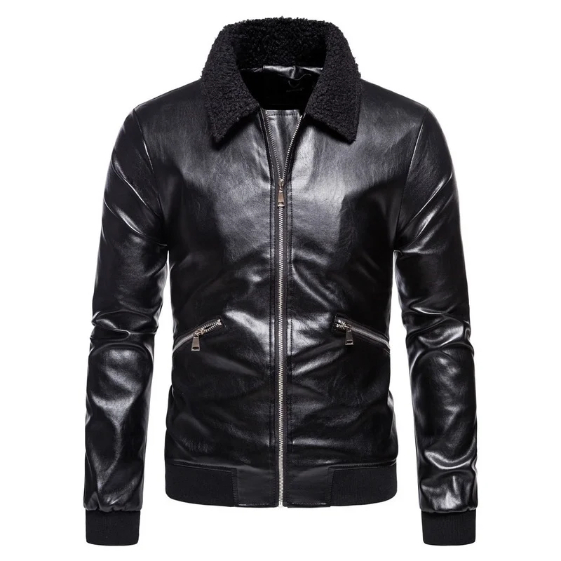 

Men's autumn and winter plush leather jacket / lapel high quality warm windproof zipper PU jacket / 2022 new men's clothing