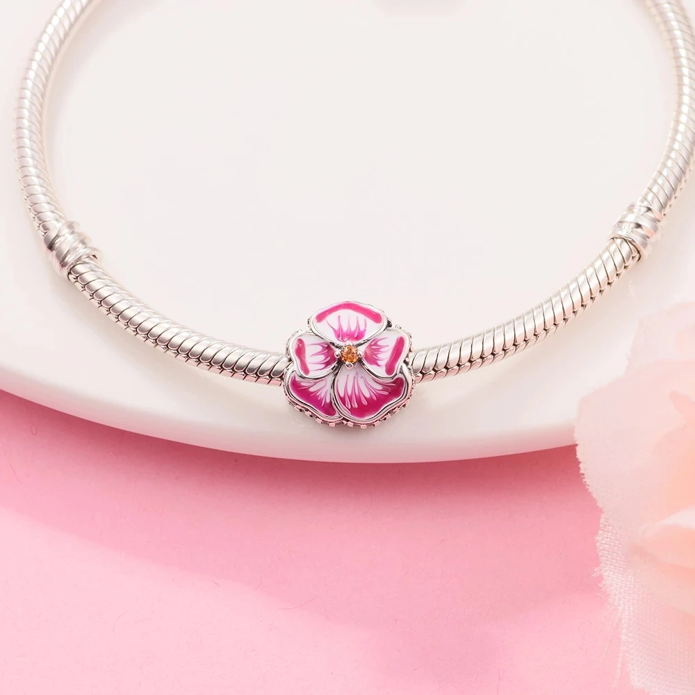 

Pink Pansy Flower Charm Crystals 925 Silver Jewelry For Snake Chain Bracelets Girl Logo Silver Friends Beads New Product 2022