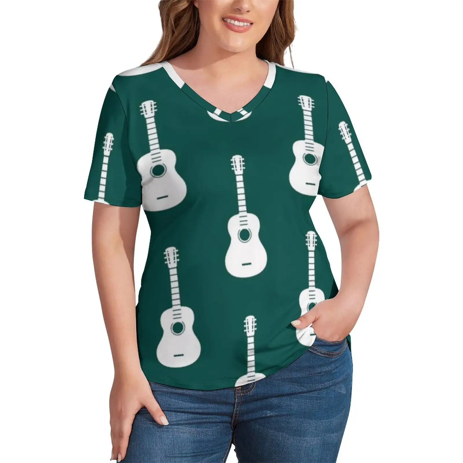 

Electric Guitar T Shirt Music Kawaii Women Street Wear T-Shirt Large Size Printed V Neck Tee Shirt