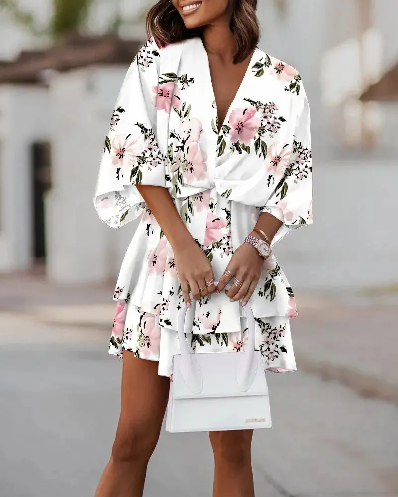 

2023 Women Loose Floral Print Dress Spring Summer V Neck Short Batwing Sleeve Double Ruffle Knot Mini Party Dresses