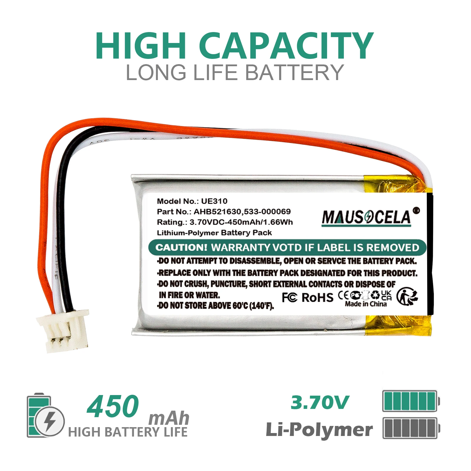 Фото Аккумулятор для беспроводной гарнитуры Logitech 450 мАч: 533-000069, AHB521630, UE310, UE3500, UE4500, G304, MX Vertical, беспроводная гарнитура H600 №1