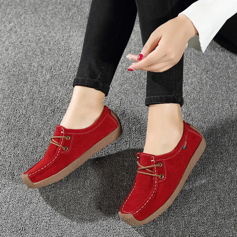 Women's Genuine Leather Shoes Outdoor Casual Flats Women Handsewn Suede Loafer 5 Colors Size:35-42 Walking Shoes