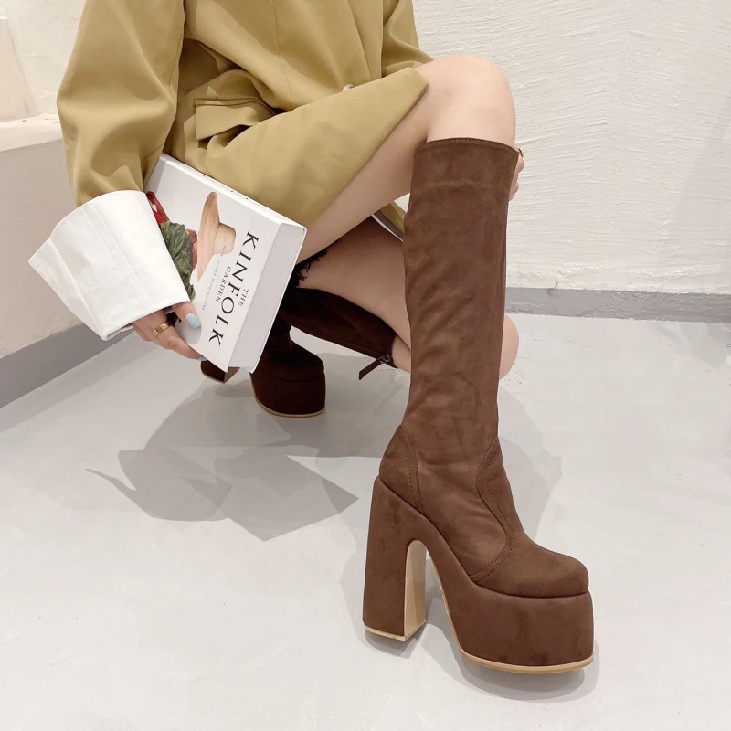 New Wild Suede Chunky High Heel Boots Women Chunky Heels Sexy Fashion Boots Shoes Size 35-42