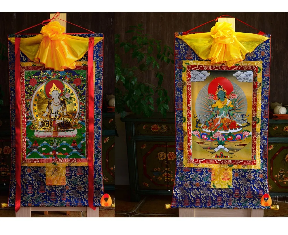 

2P Wholesale Buddhist Buddhism HOME WALL Decor ART silk Bodhisattva Tara(Green) White Tara Buddha Thang-ga Thangka art painting