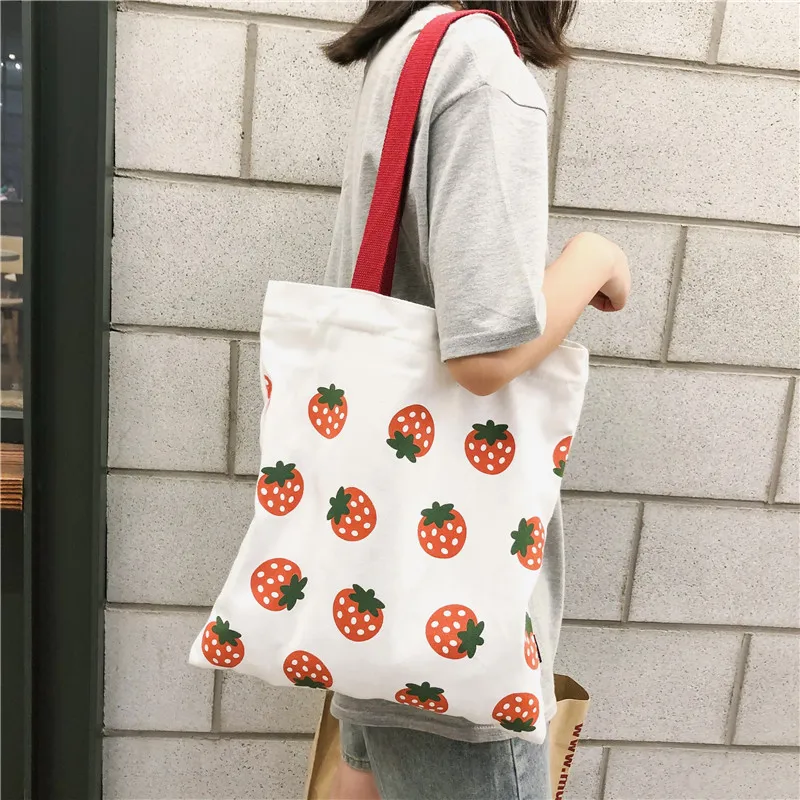

Новинка весна-осень 2022, Женская Холщовая Сумка-тоут, большая Экологически чистая сумка для покупок с клубничкой, сумки через плечо для девушек, студенток