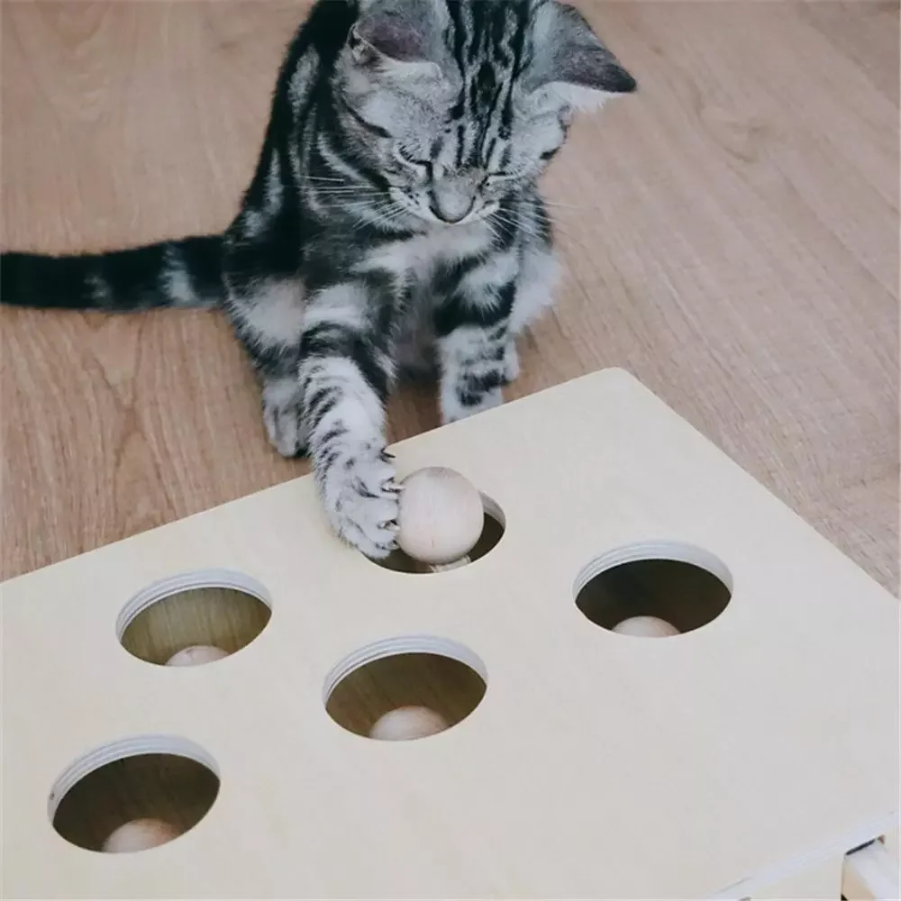

2023New Cat Hunt Toy Chase Mouse Solid Wooden Interactive Maze Pet Hit Hamster With 3/5-holed Mouse Hole Catch Bite Catnip Funny