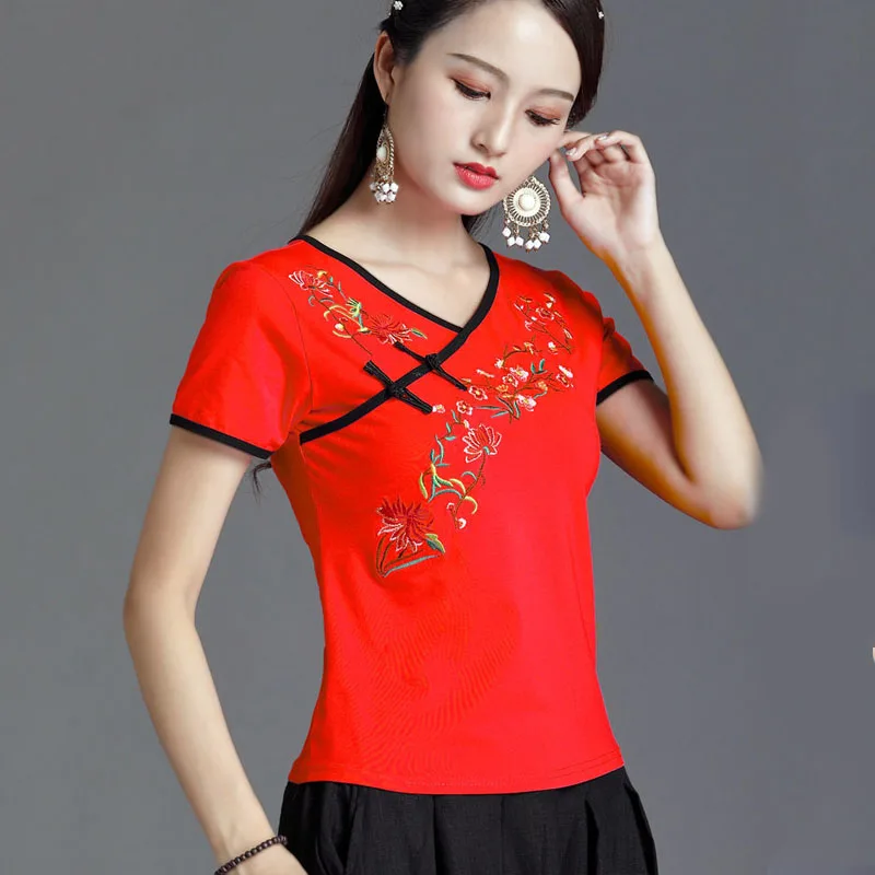 

Cheongsam Women's Plus Size Tops 2022 Summer Cotton Blend Embroidery Short Sleeve Traditional Chinese Style Qipao Shirts Woman